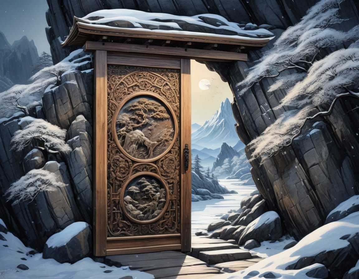 an ink, pencil and water colour watercolor painting of fantasy intricately carved japanese large wooden ...  by @AutumnBear