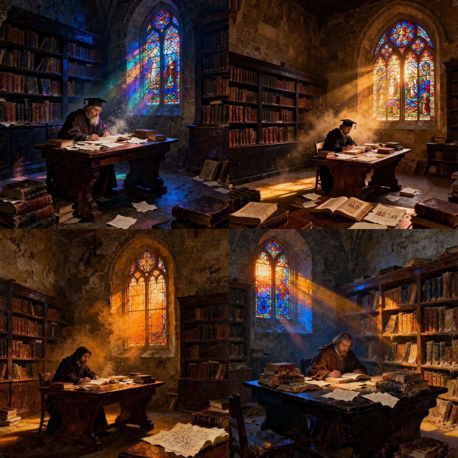 An old stone library at dusk, quiet, austere, and heavy with intellectual gravity.  Old, worn books line the wooden shel...