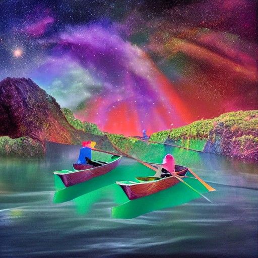 Campers in a rowboat going over a waterfall in the cosmos