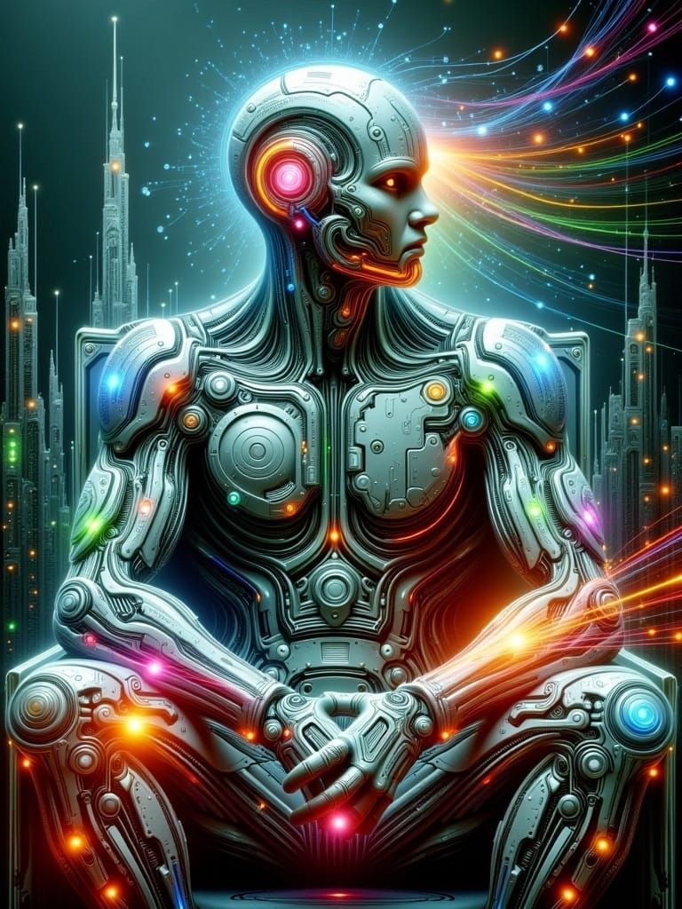 <lora:CyberFlux:1.0>  A cyborg sitting in a chair, his body visible is infused with double exposure style images of a cyberpunk metropolis a...