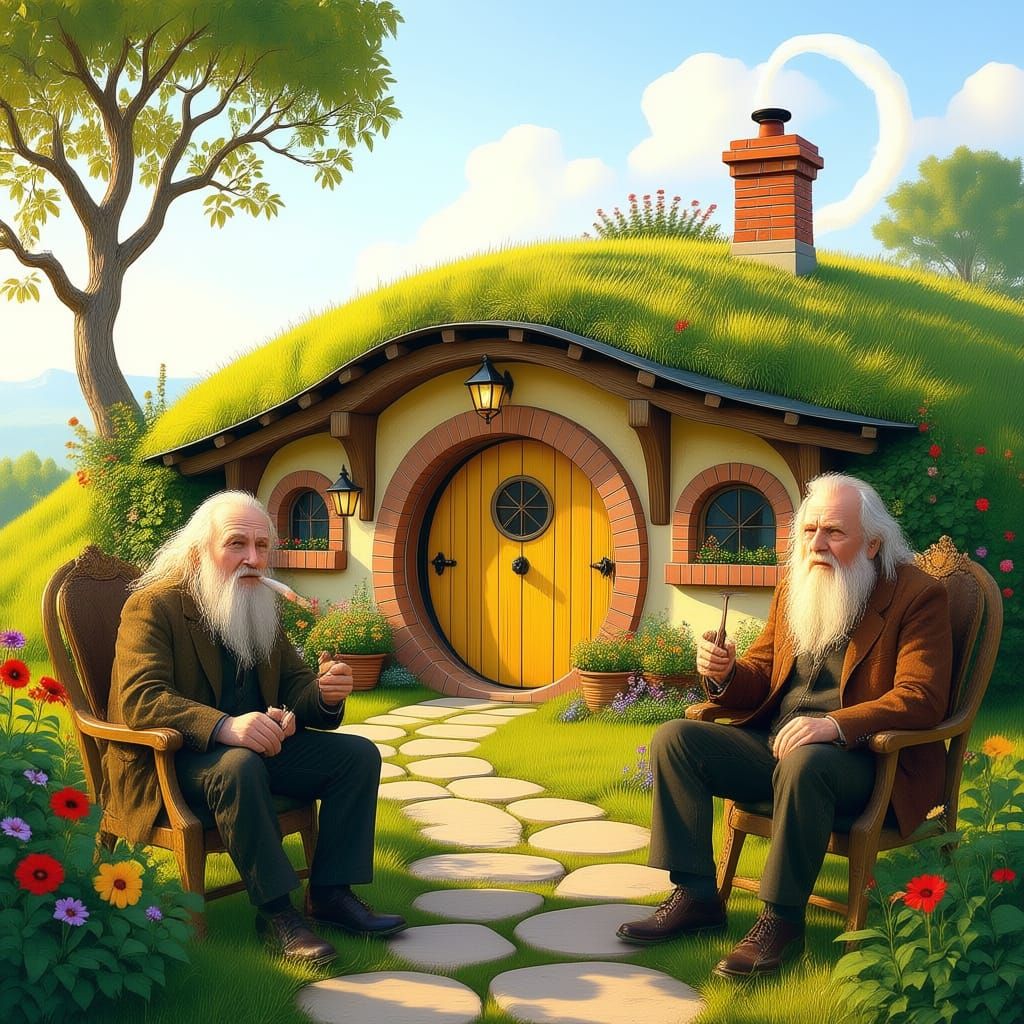 A warm, inviting hobbit hole burrowed into a gentle hillside, with a round, brightly painted door and smoking chimney. Outside, a small, man...