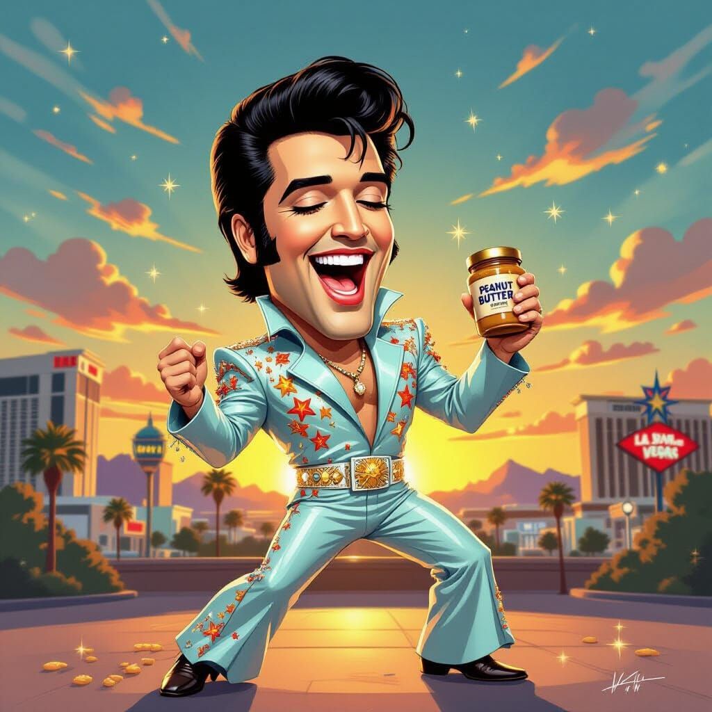 A caricature of Elvis Presley dancing in a sparkly jumpsuit, eating a  peanut butter  & banana loaf.
Instead ...  by @HowlingWolf