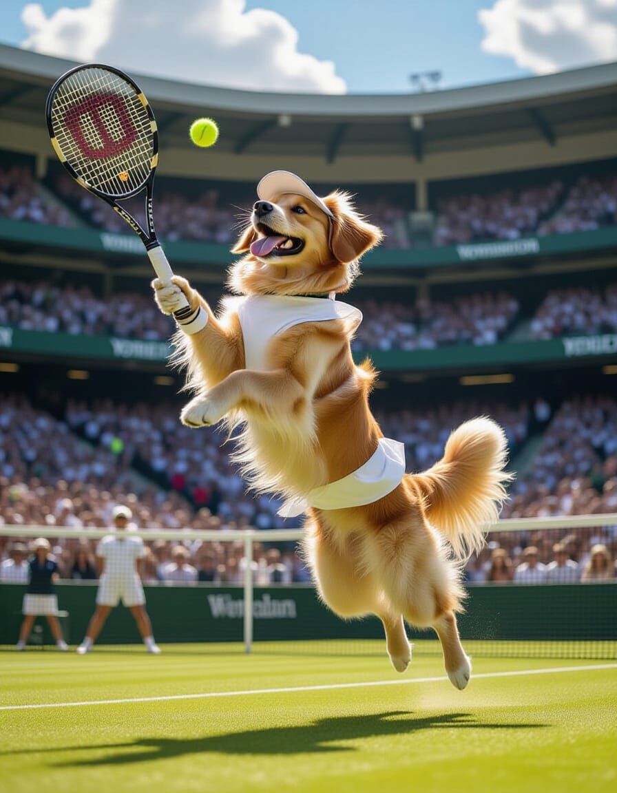 Golden Retriever Tennis Star on Wimbledon Court  by @AmadaTakako773