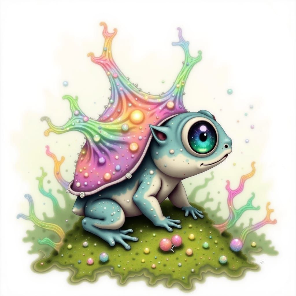 Watercolor on white background. A baby frog-tortoise with coral spines emerges from a mossy background. Whimsical, pastel colors, soft light...