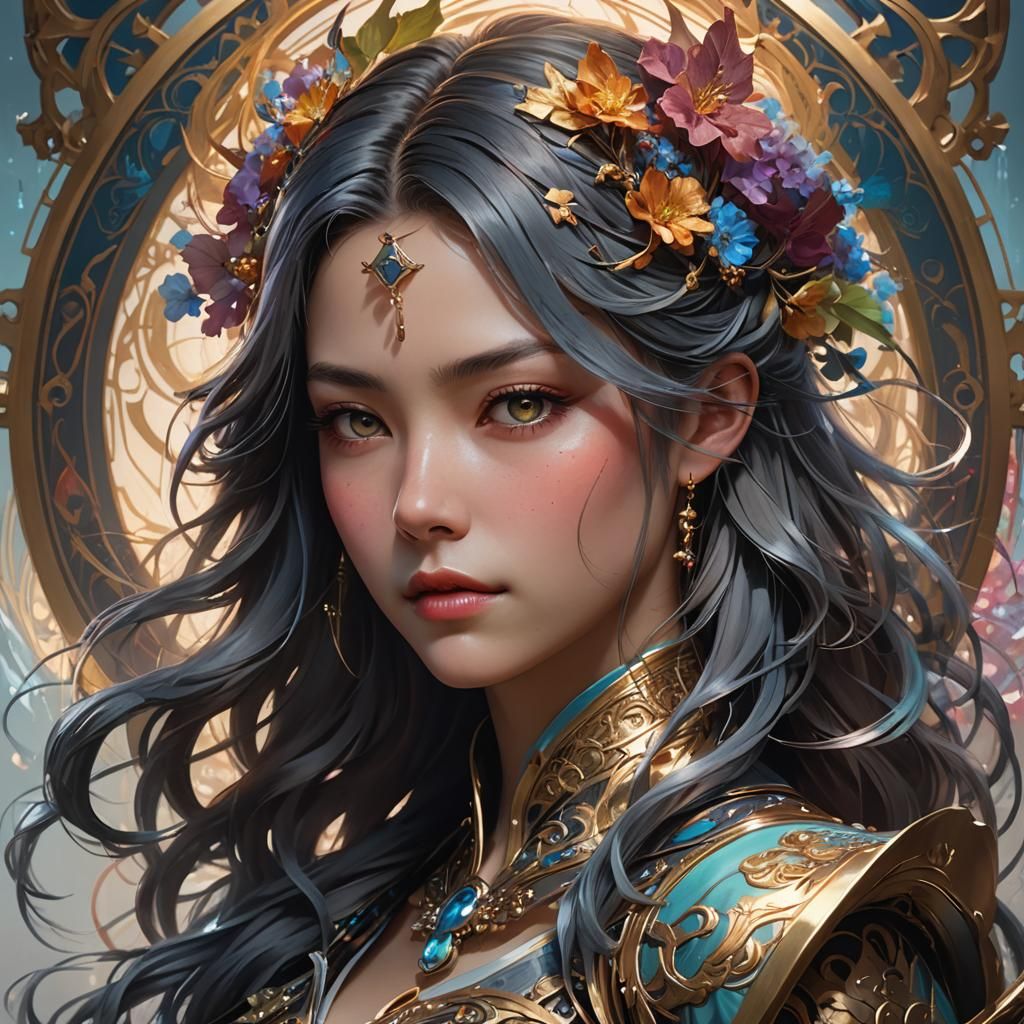 Fox-Spirit War God in Battle, Art Nouveau Style