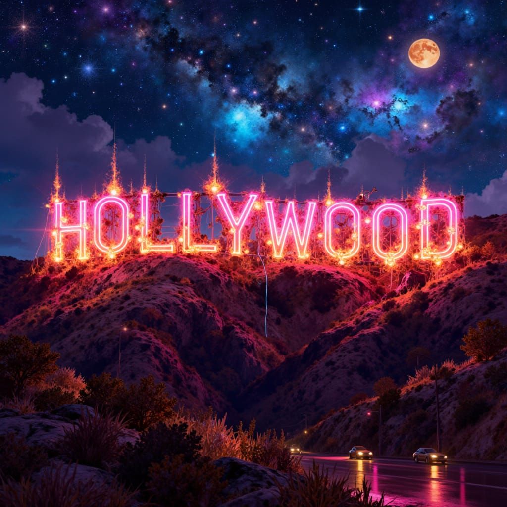 Surreal Neon Hollywood Sign in Cosmic Dreamscape