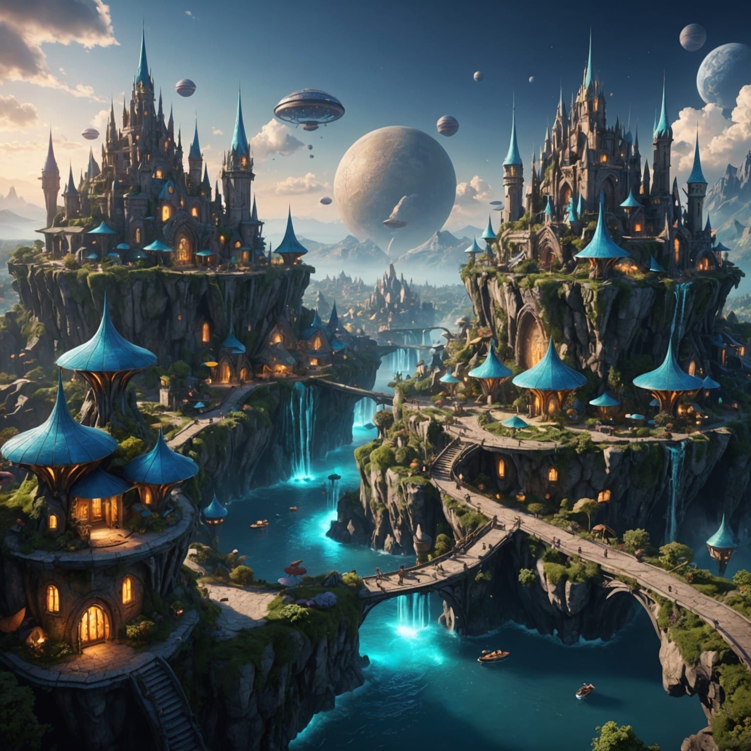 A modern fairy city inside the earth with lights, flying vehicles and