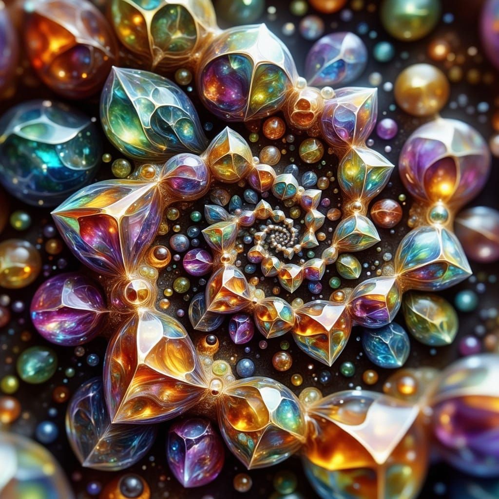 <lora:PR AlcoholWCGlass:1.0> <lora:Dreamy Enchantment:1.0> A close-up of intricate bismuth crystals in a geometric patte...