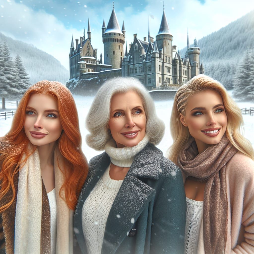 Women Appreciate Snowy Castle in Winter Wonderland