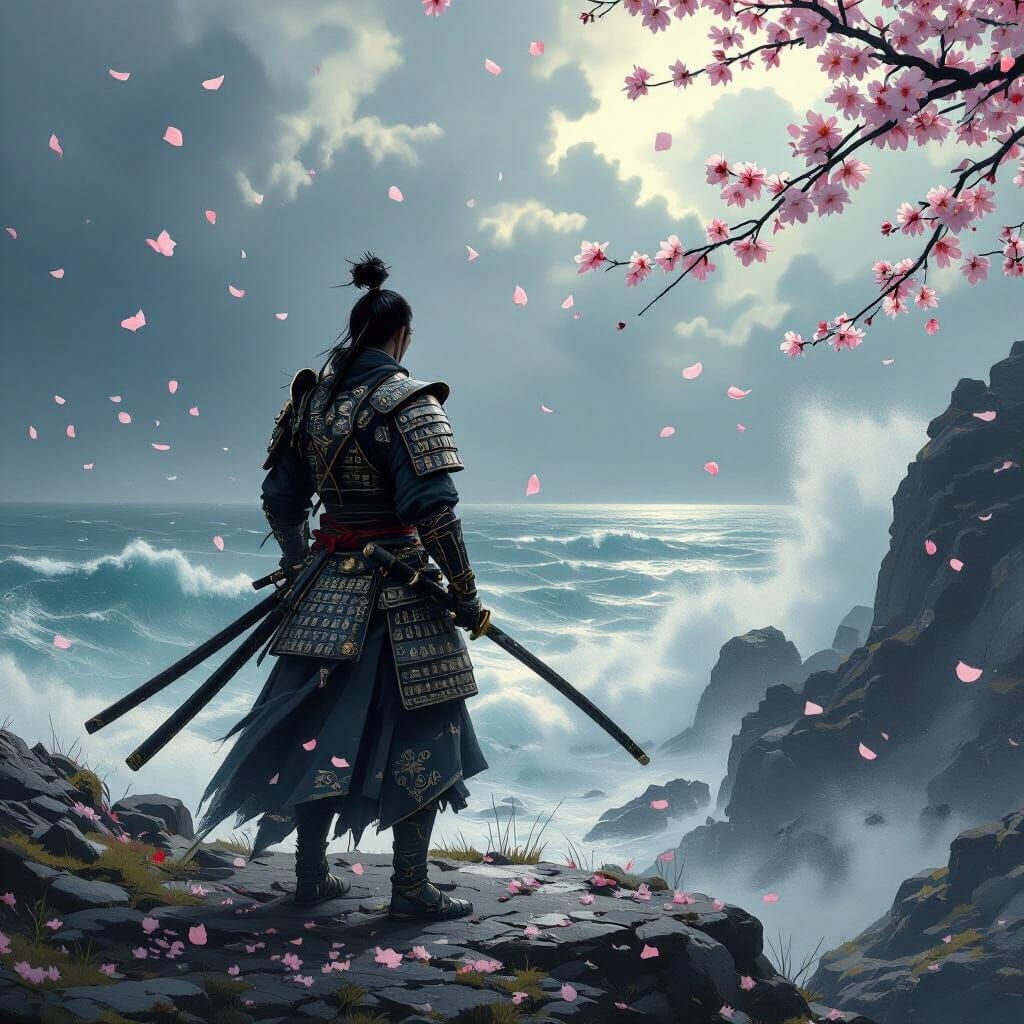 A lone samurai warrior, clad in ornate, traditional armor, stands on a windswept cliff overlooking a stormy sea. Cherry blossoms, defying th...