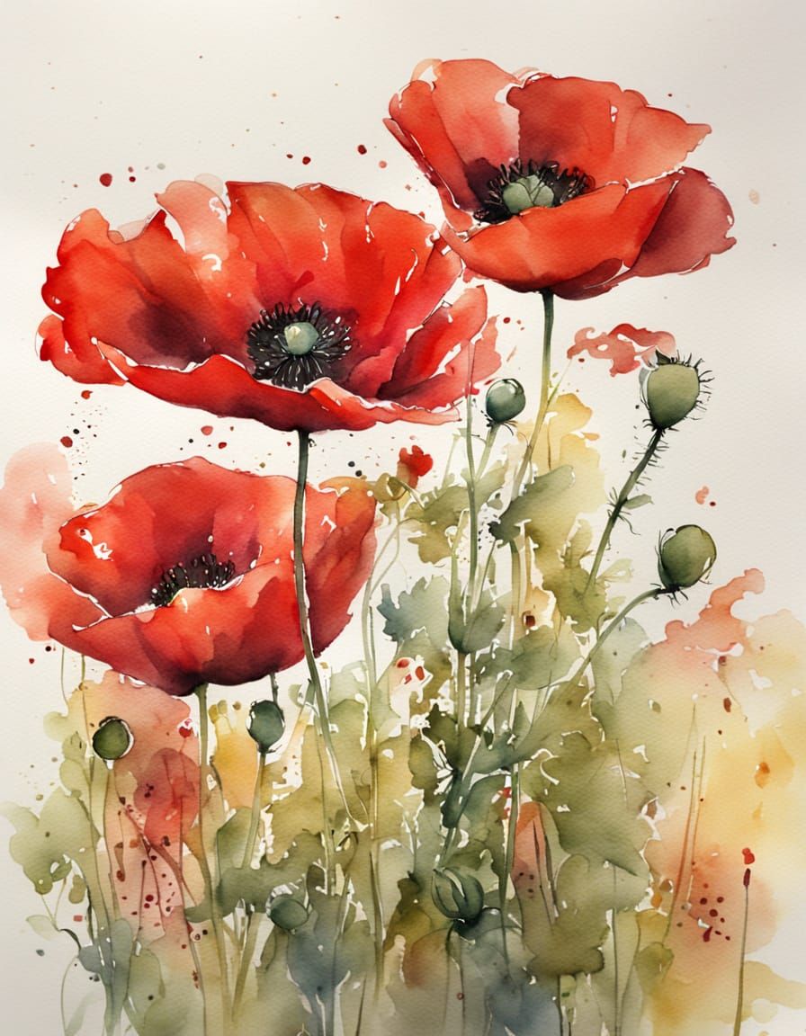 watercolor, line and wash, red poppies  by @Gramma_to_2
