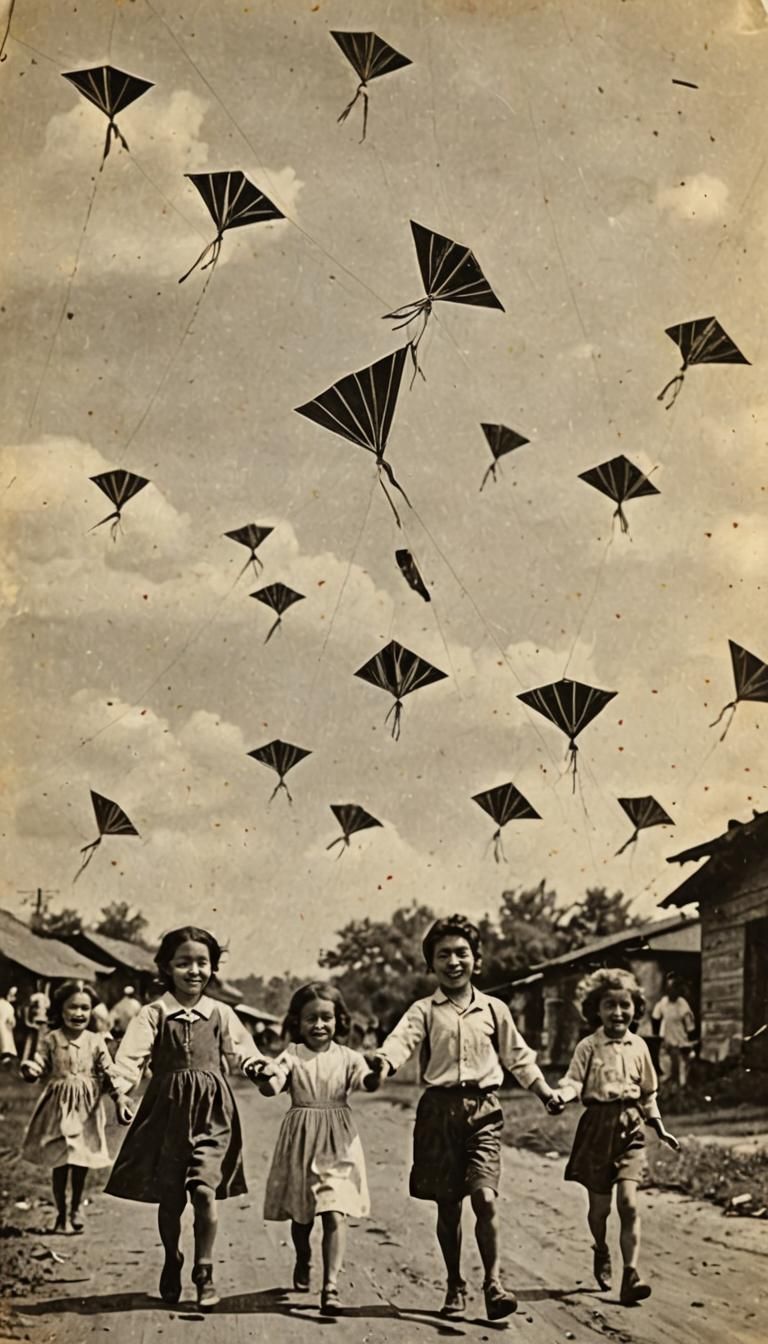Children with strings in their hands are paper kites in the ...