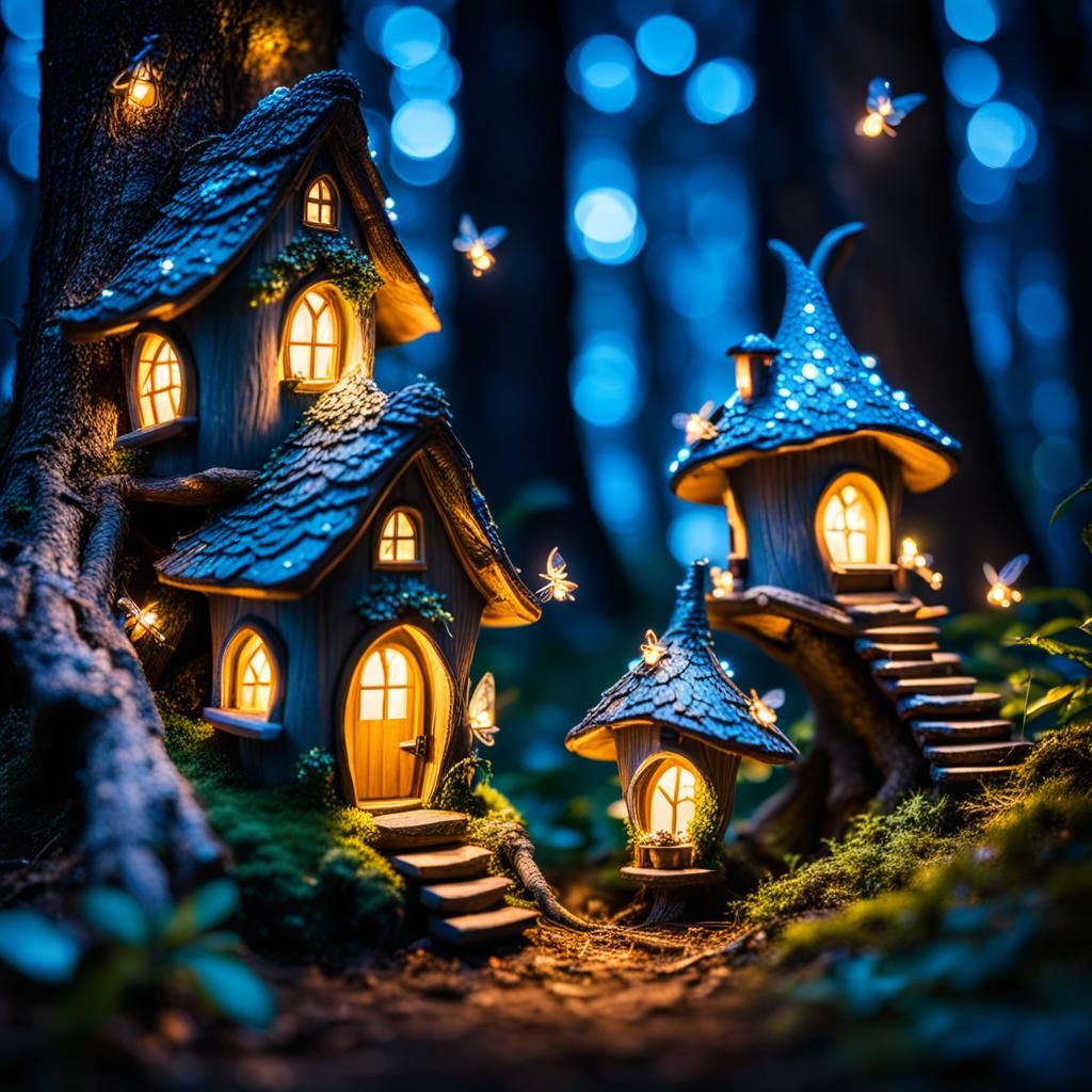 Realistic Pixie Fairies Homes with Lights and Fireflies In T...