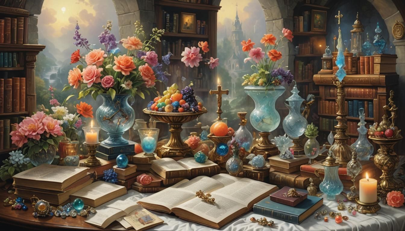 Weird still-life flowers, vases, glass, sculpture, books, ni...