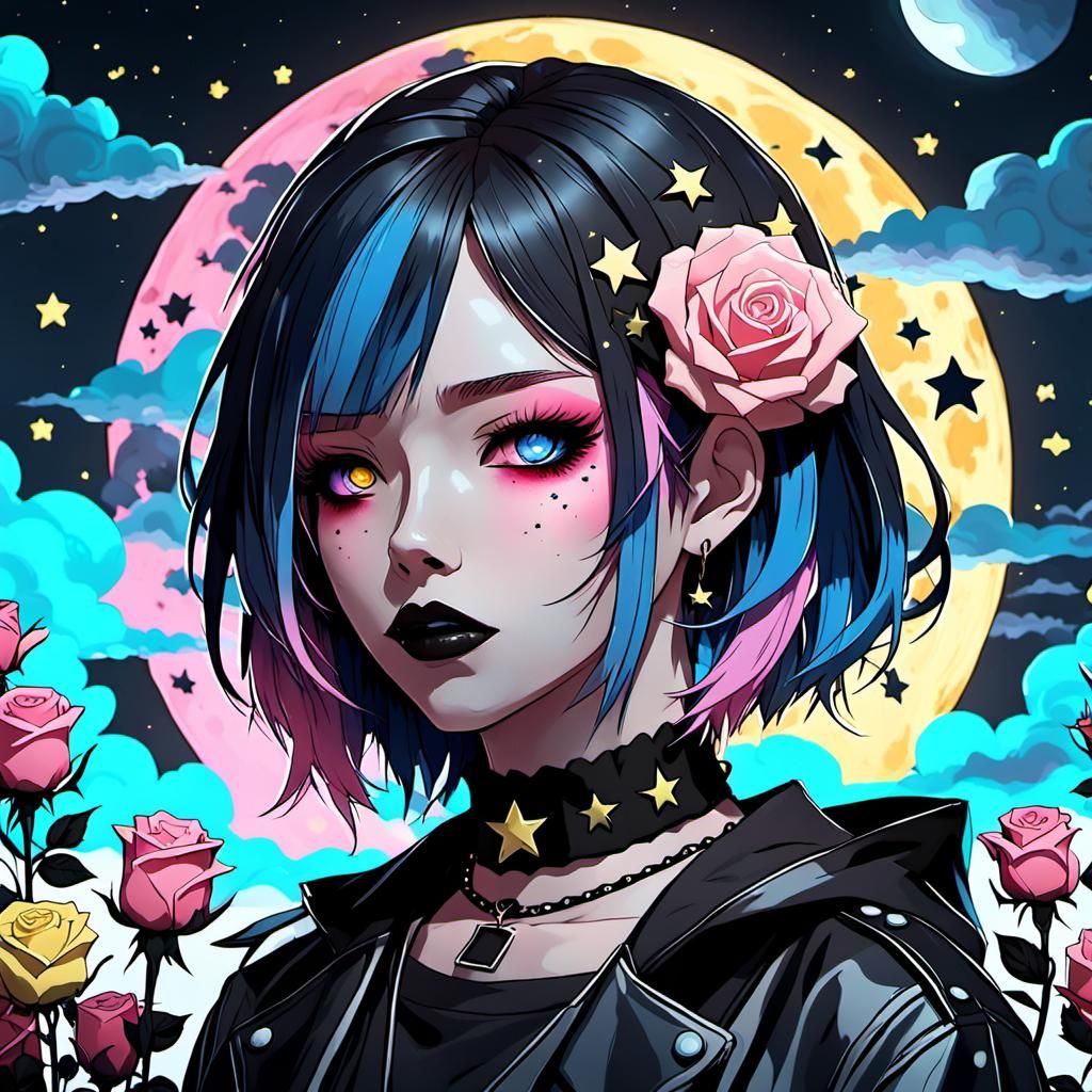 young woman, pastel goth, roses, blue, pink, yellow, and black, dark ...