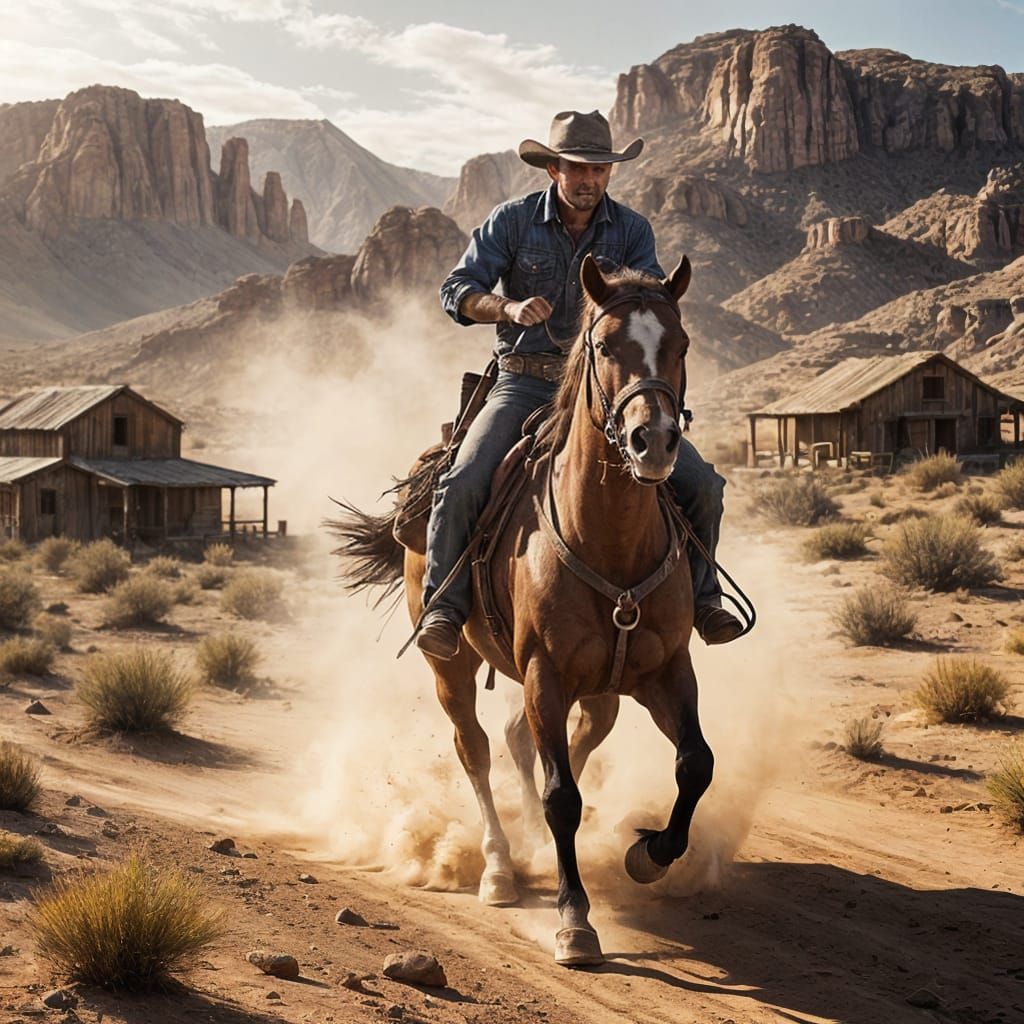 Cowboy Galloping Across Desert to Mining Town
