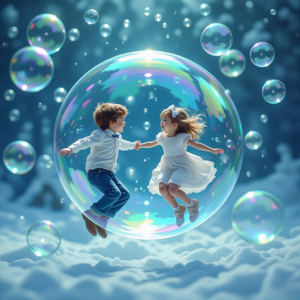 Children Fly in Giant Soap Bubble, Hyperrealistic