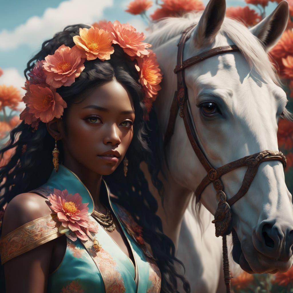 Fantasy African-Japanese flower girl with a horse  by @Susan