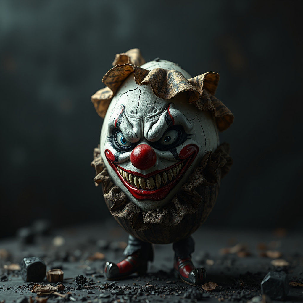 stunning image of a egg dressed and painted as a clumsy clown, moody, grainy, noisy, concept art, by Cyril Rolando, Banksy, Toxic, Meaningfu...