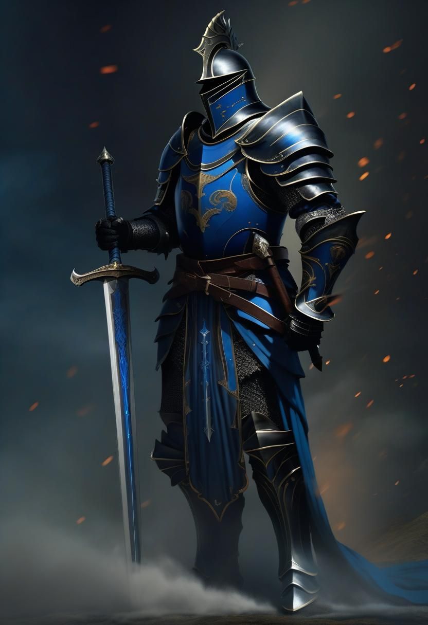 Full armor Knight with a black and blue robe whielding a lon...