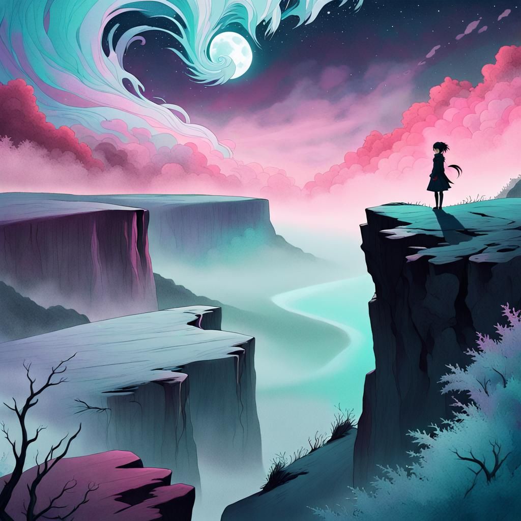 Surreal Anime Landscape with Lone Silhouette