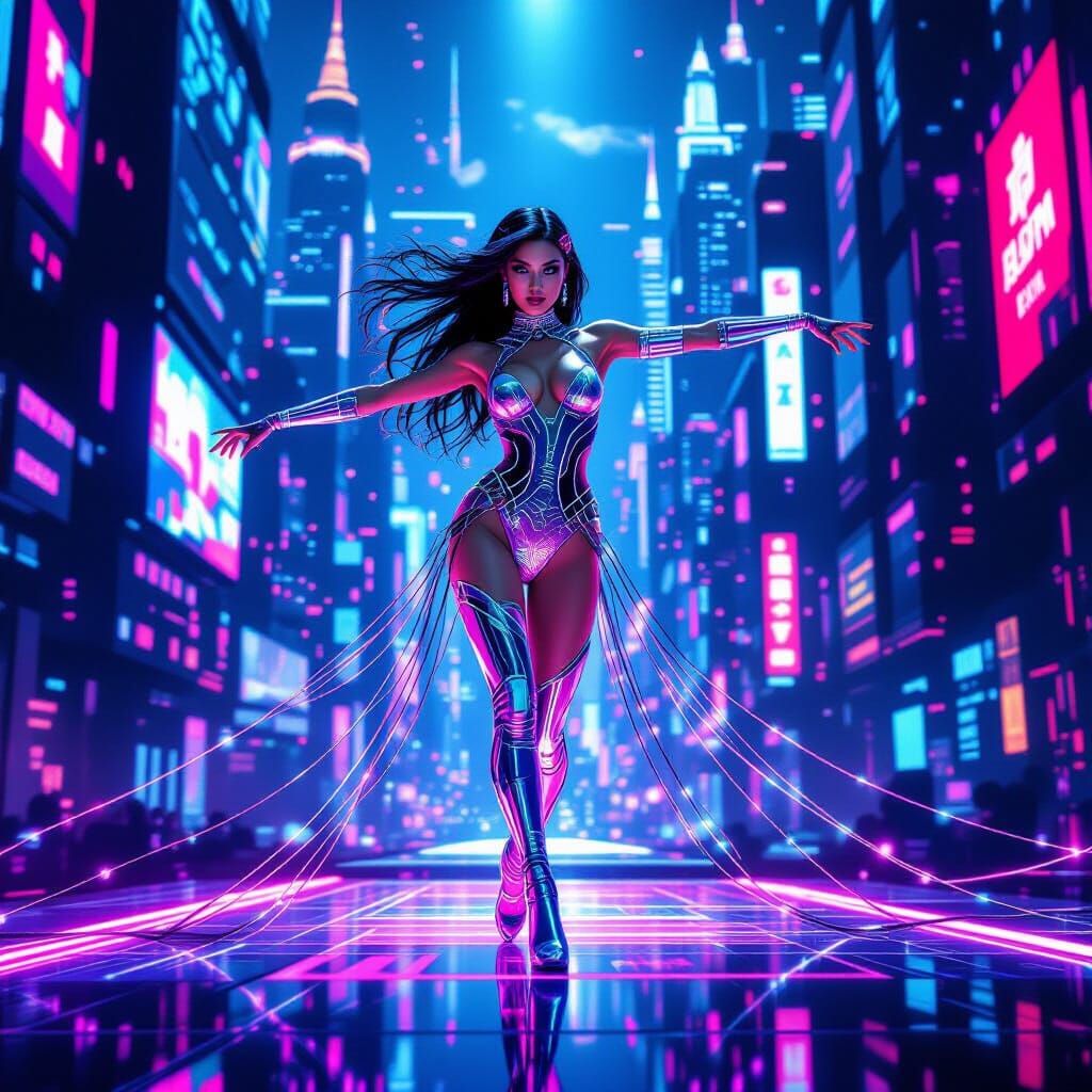 imagine a futuristic showgirl performing on a stage bathed in neon lights, wearing a shimmering bodysuit adorned with fiber optic cables and...