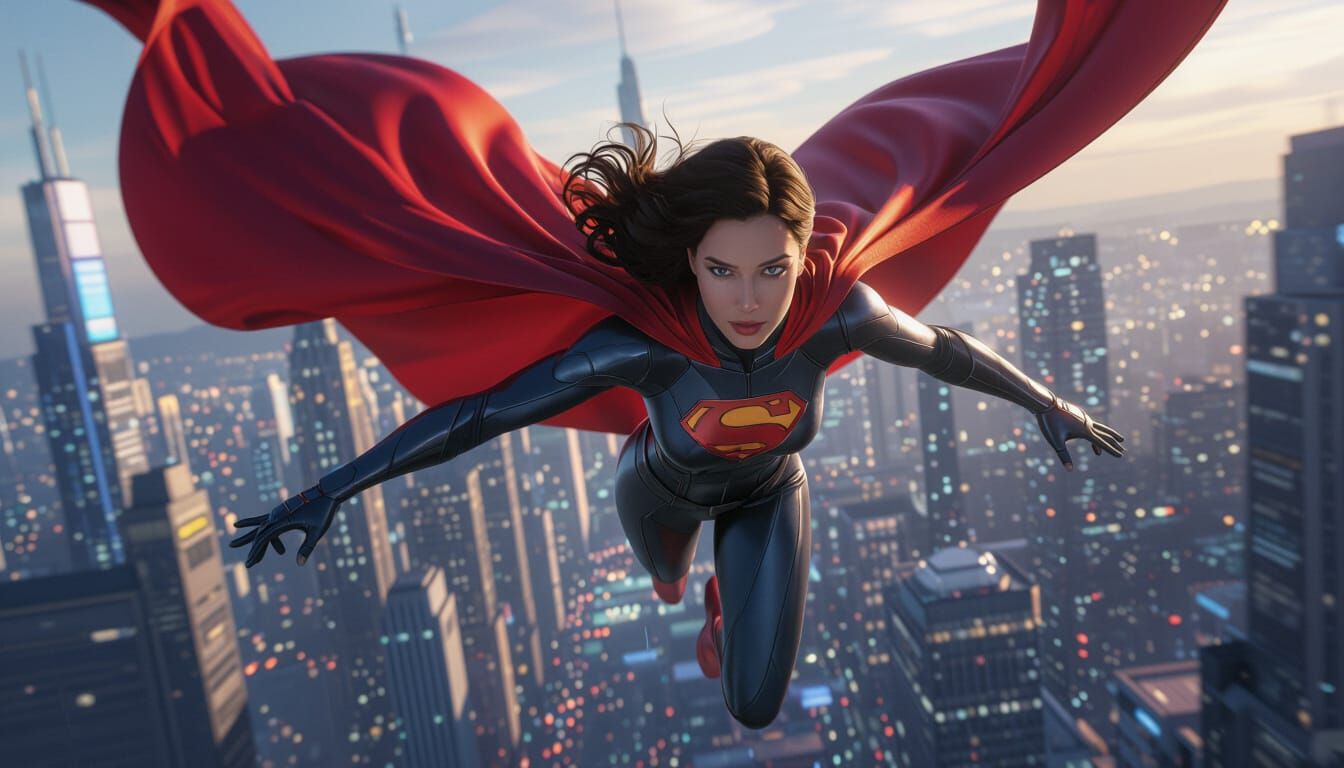 Superheroine soaring through the skies