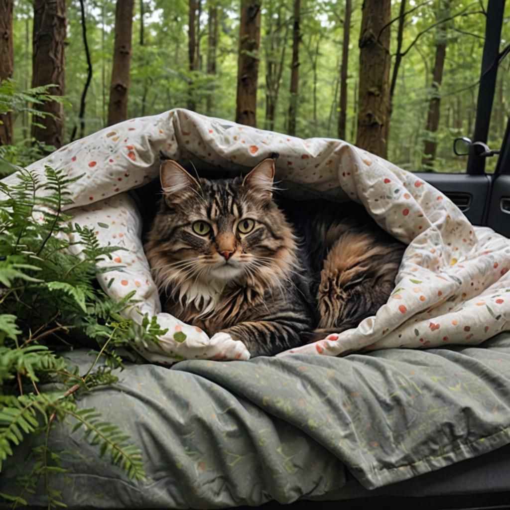 Forest cat is in bed with the car
  by @Rainbowdragonz