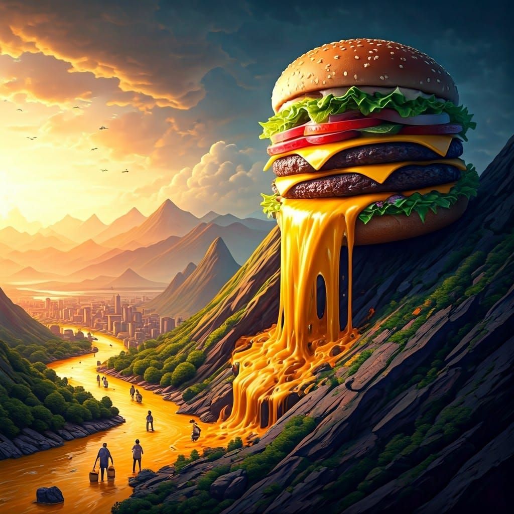 a huge cheeseburger lies on the side of a mountain. sauce and cheese flow from it like a waterfall creating ...  by @Likvi