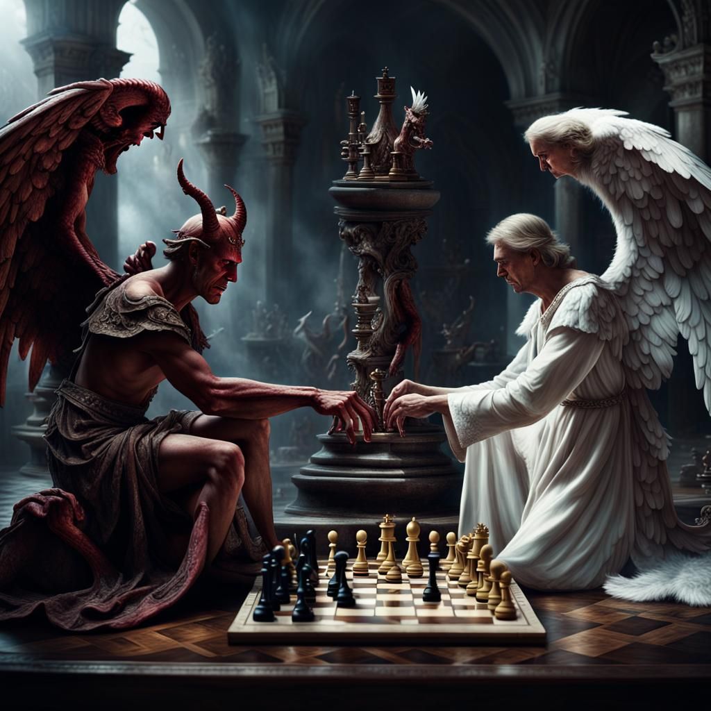  the devil playing chess with an angel  by @Dessa