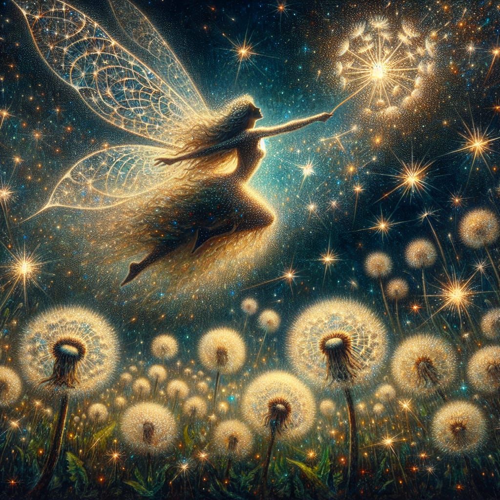 A dandelion goddess fairy is jumping across a field of dandelions and the seeds flow up into the night ...  by @Shelby