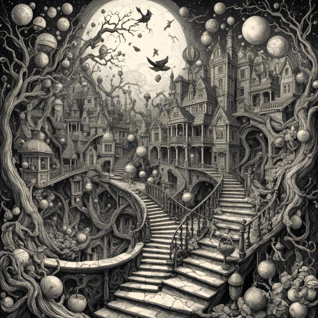 Ink Artscape inspired by a mix of MC Escher and Edgar Allen Poe, hyperdetailed. <lora:Eschers Poe:1.0> 
