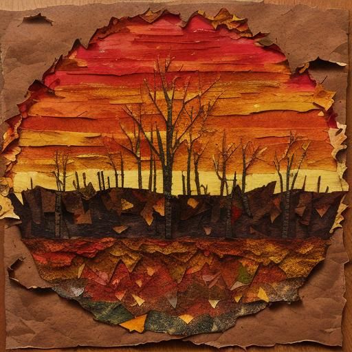 textured torn paper collage art. Autumn, orange, red, brown ...