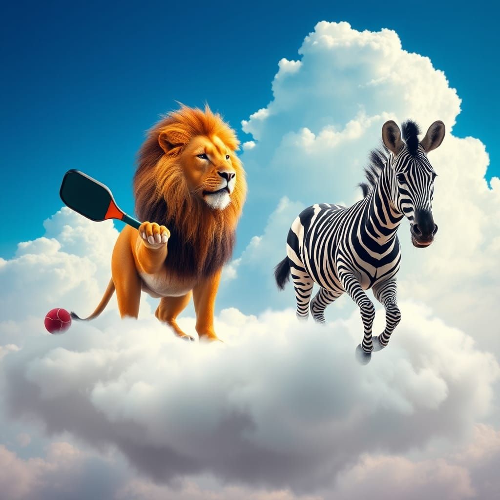 Lion and Zebra Play Pickleball in Hyperrealism Style