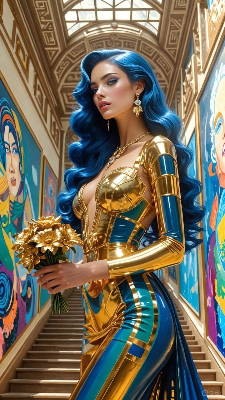 A stylish woman in a  shiny gold and blue latex outfit short...