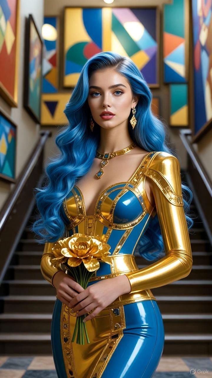 A stylish woman in a  shiny gold and blue latex outfit short...