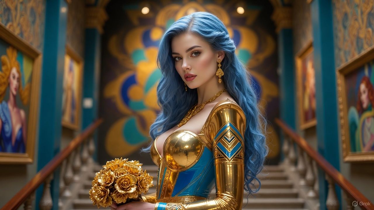 A stylish woman in a  shiny gold and blue latex outfit short...