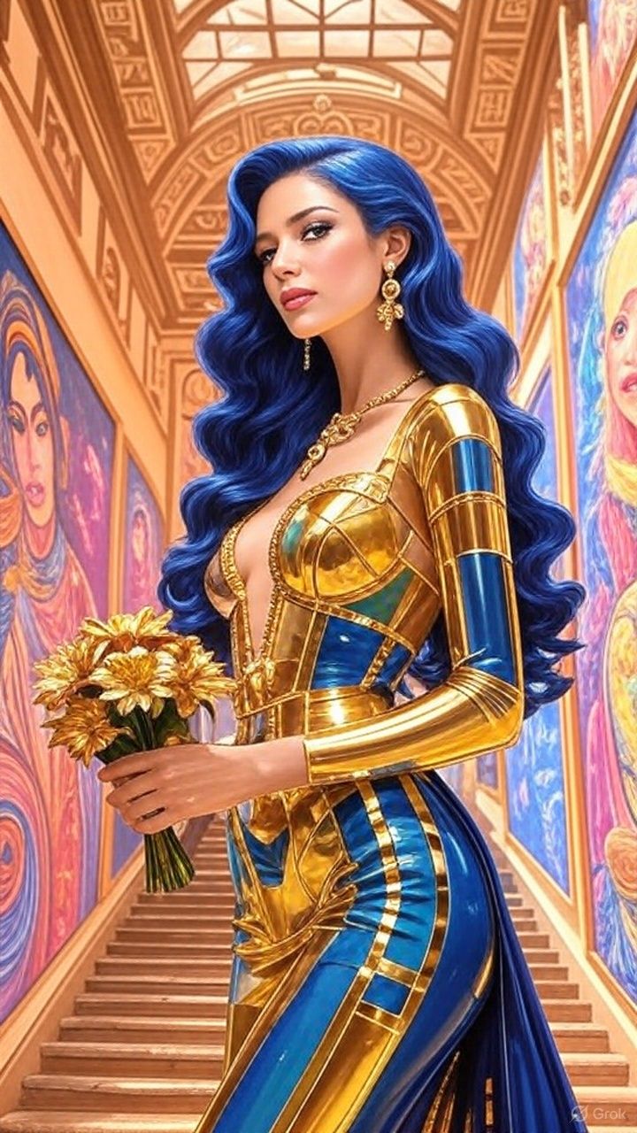 A stylish woman in a  shiny gold and blue latex outfit short...
