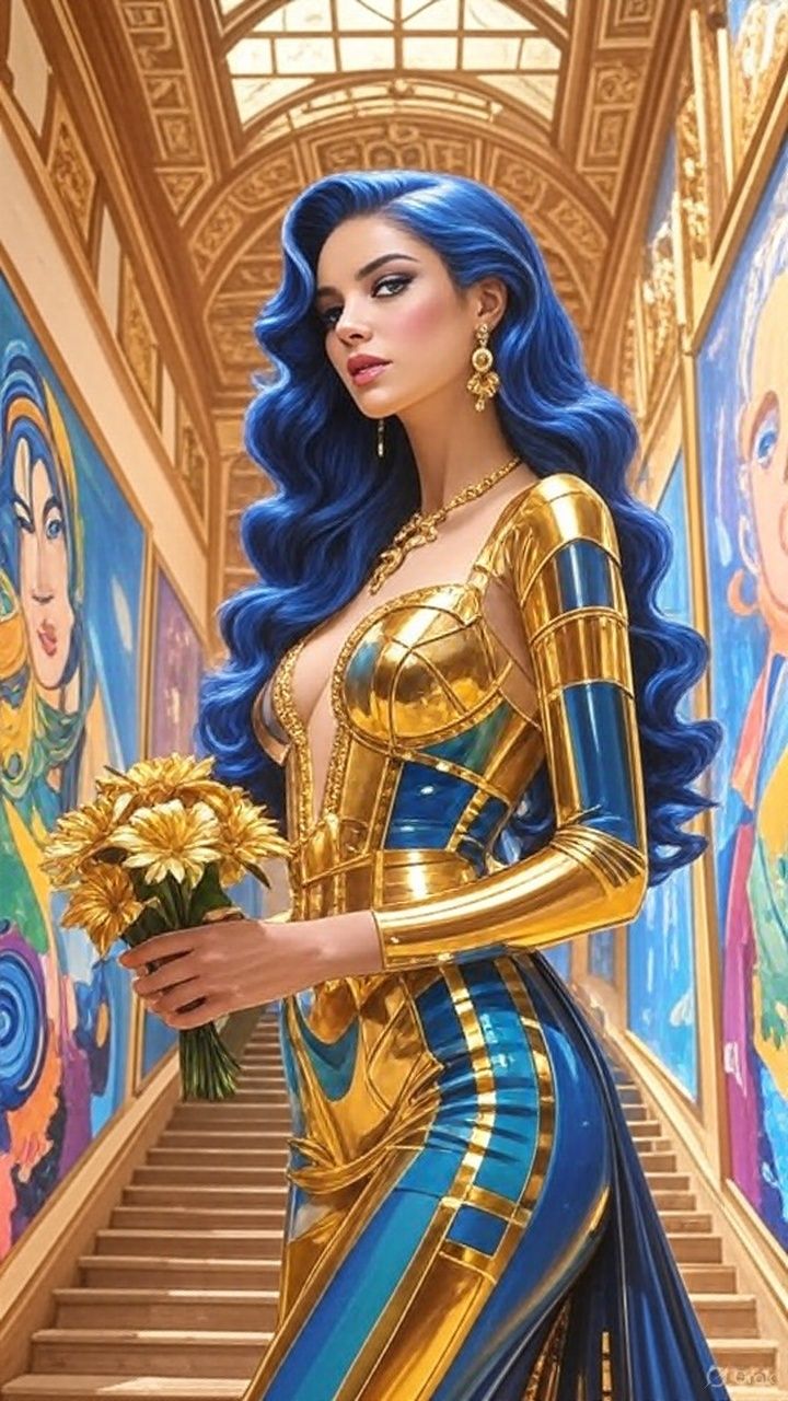 A stylish woman in a  shiny gold and blue latex outfit short...