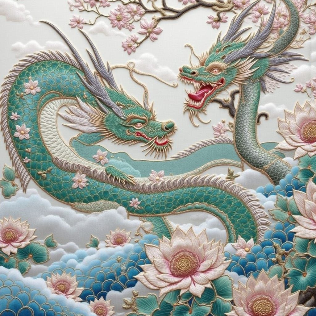 large silver, green, blue dragon in the snow, azure mist background