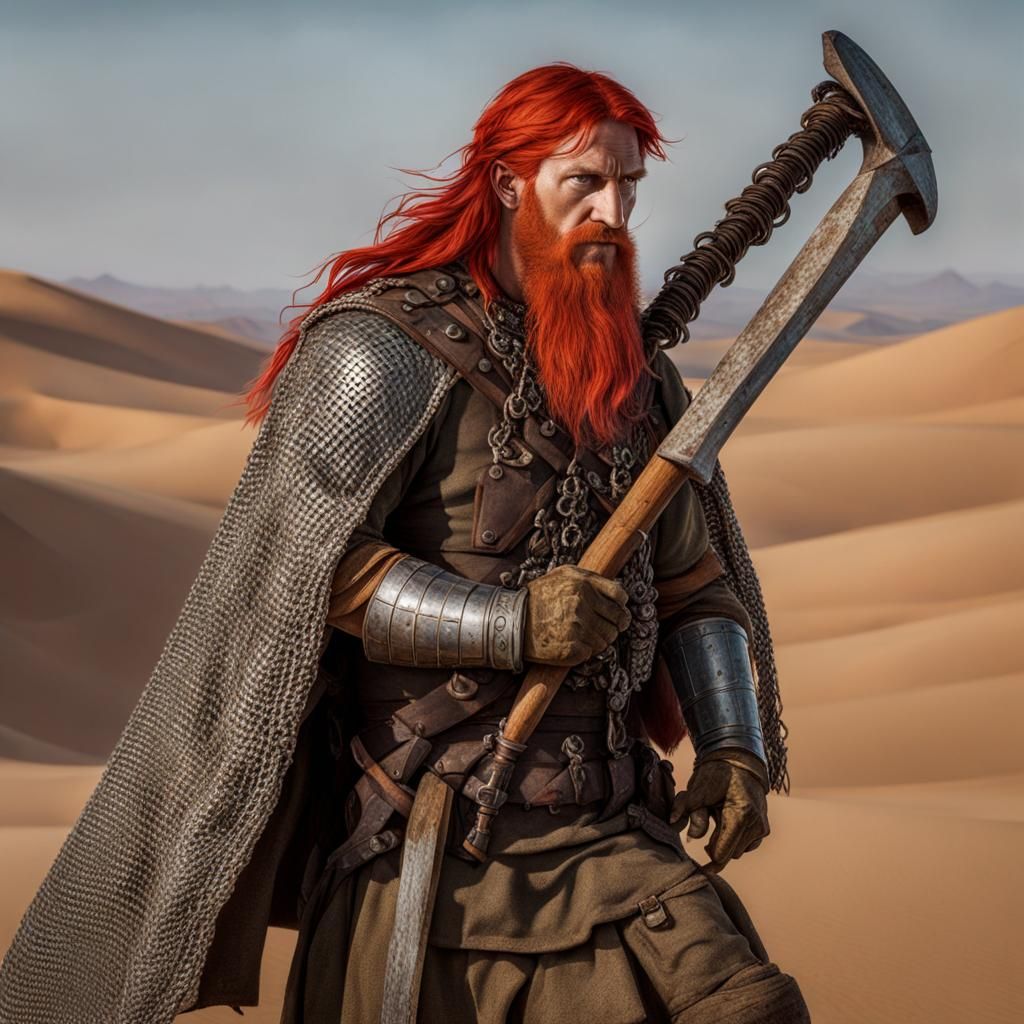 Portrait of a slender desert nomad with red Hair roughly dre...