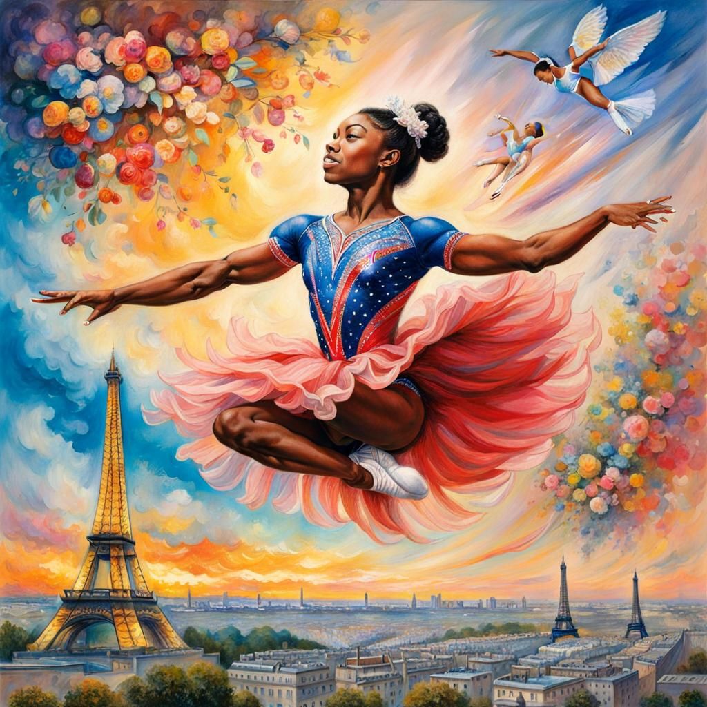 Simone Biles VAULTING Paris, Trompe-l’œil Crayon/Pastel // Berthe …
