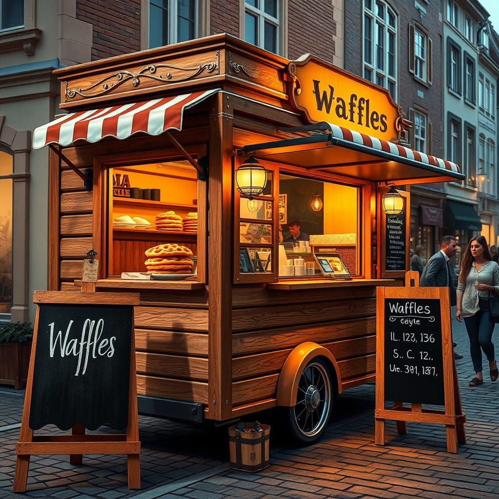 Un food truck vendant des gauffres de Liège, avec un chevalet près du food truck où il fait écrit:< les ...  by @evinrude