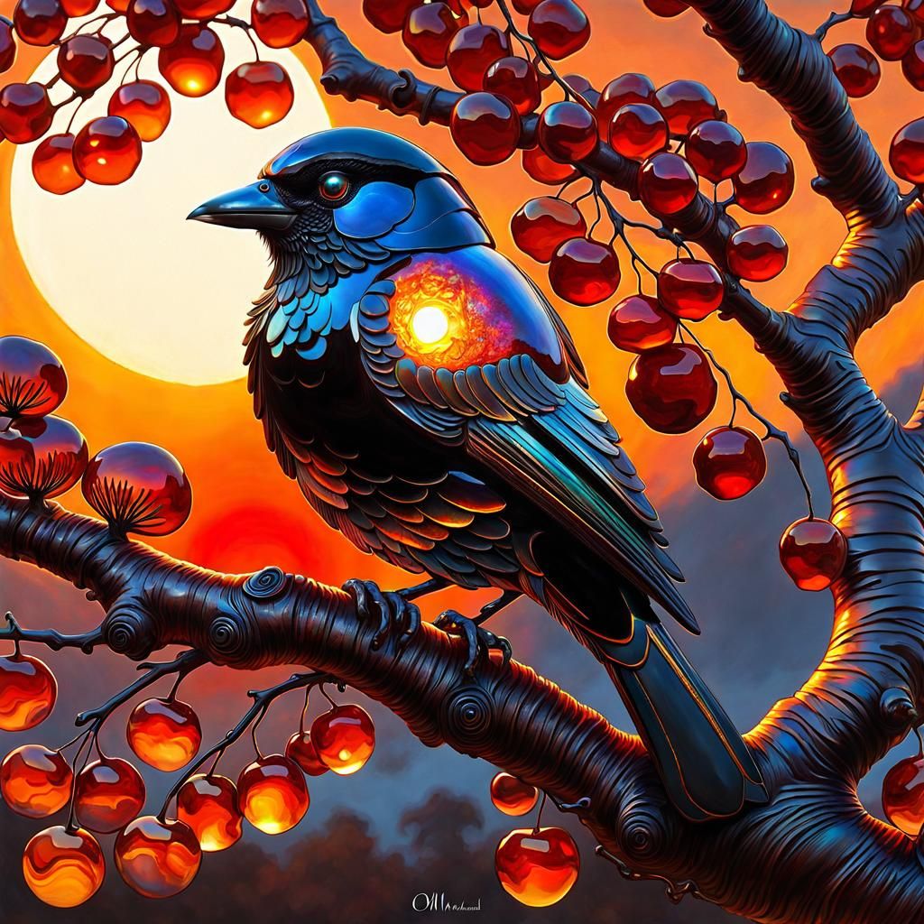 Fire agate raven in a cherry tree  by @Tiny Pearl Cat
