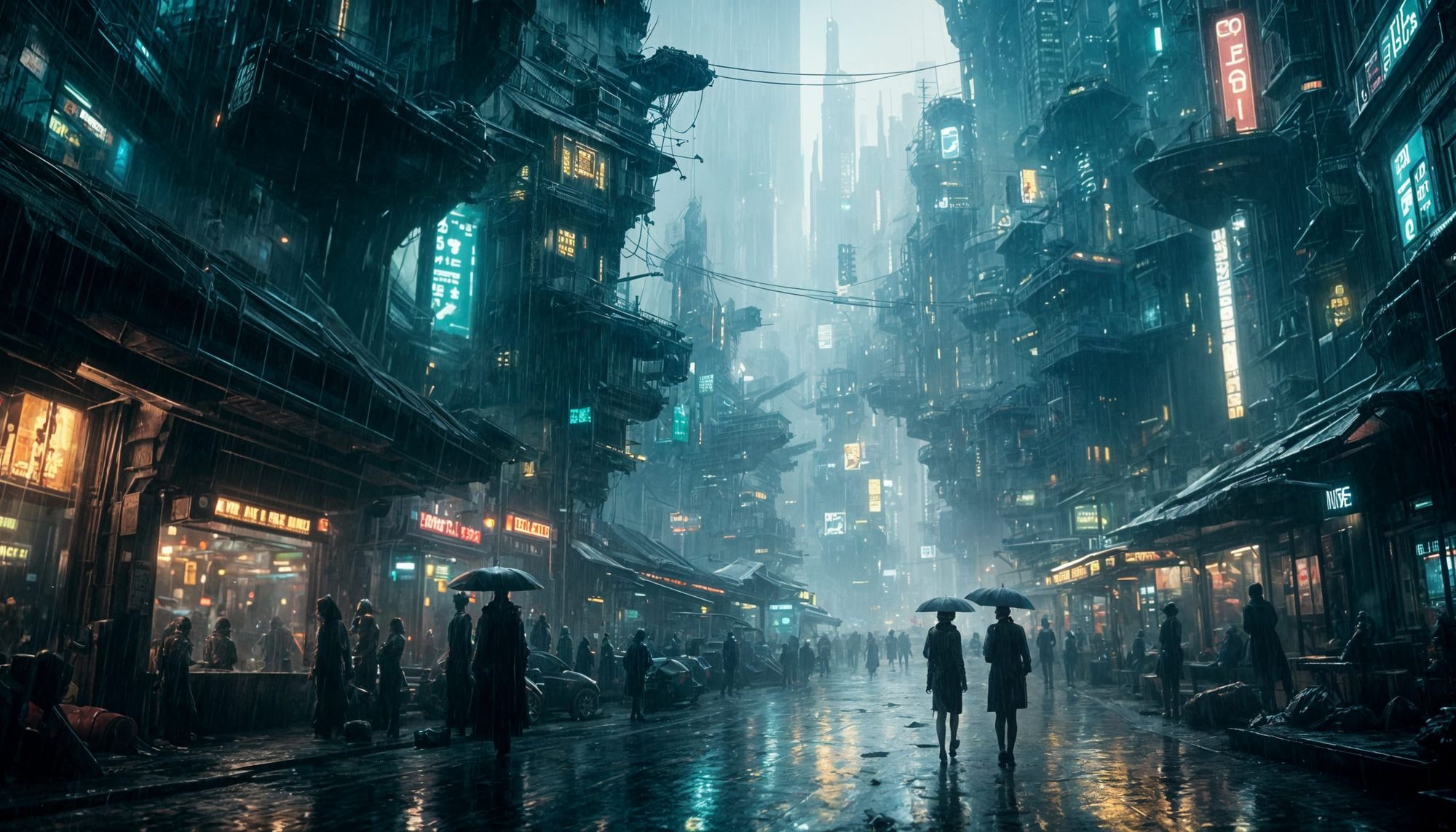 <lora:Midnight Vibrance:1.0> It is a crowded, cramped, futuristic city in the style of Blade Runner, with rain and grungy, highly detailed.