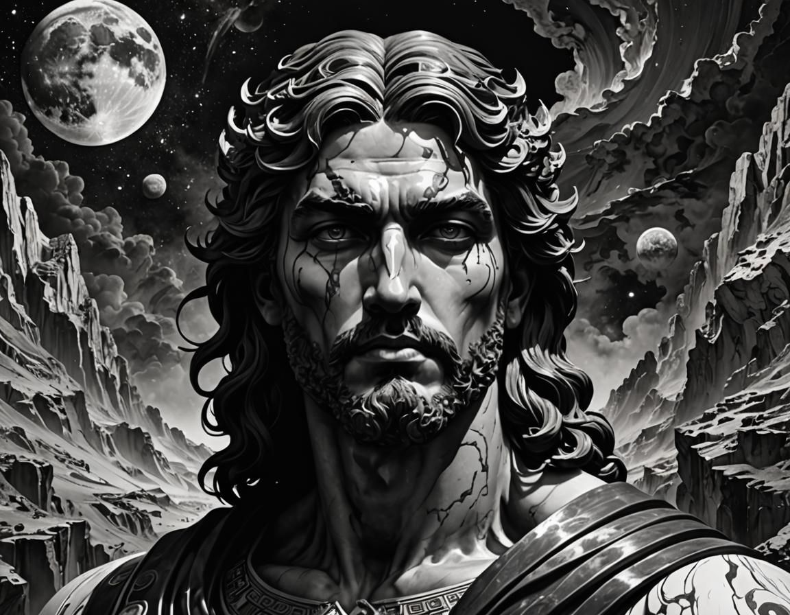 (((dark comic))), Black and white, (((Gaia))), Greek god, Ma...