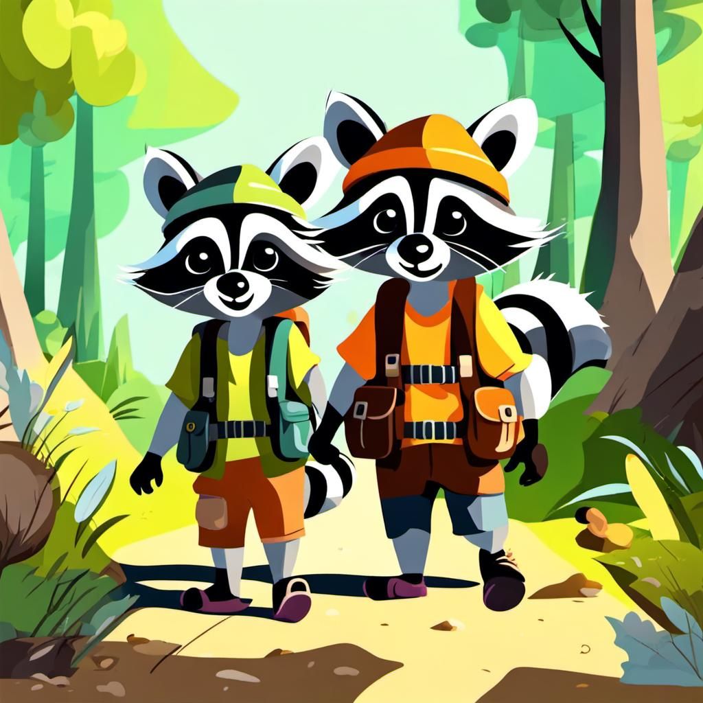 Sibling raccoons on an adventure in a theme a sunny day