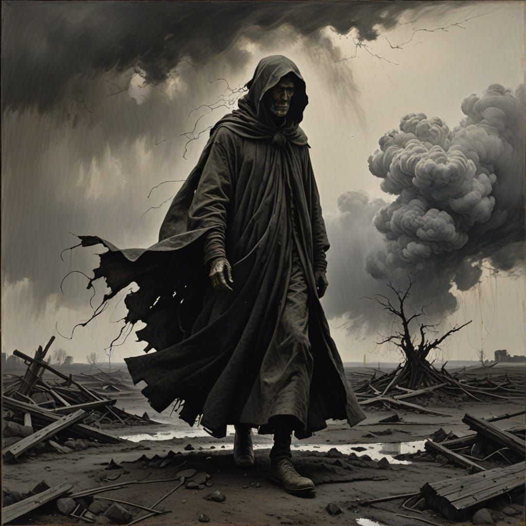 Tormented Figure in a Turbulent, Monochromatic Landscape