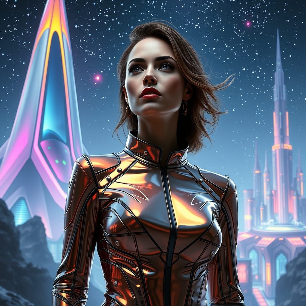 Futuristic Woman Stands Before Iridescent City on Pleiades