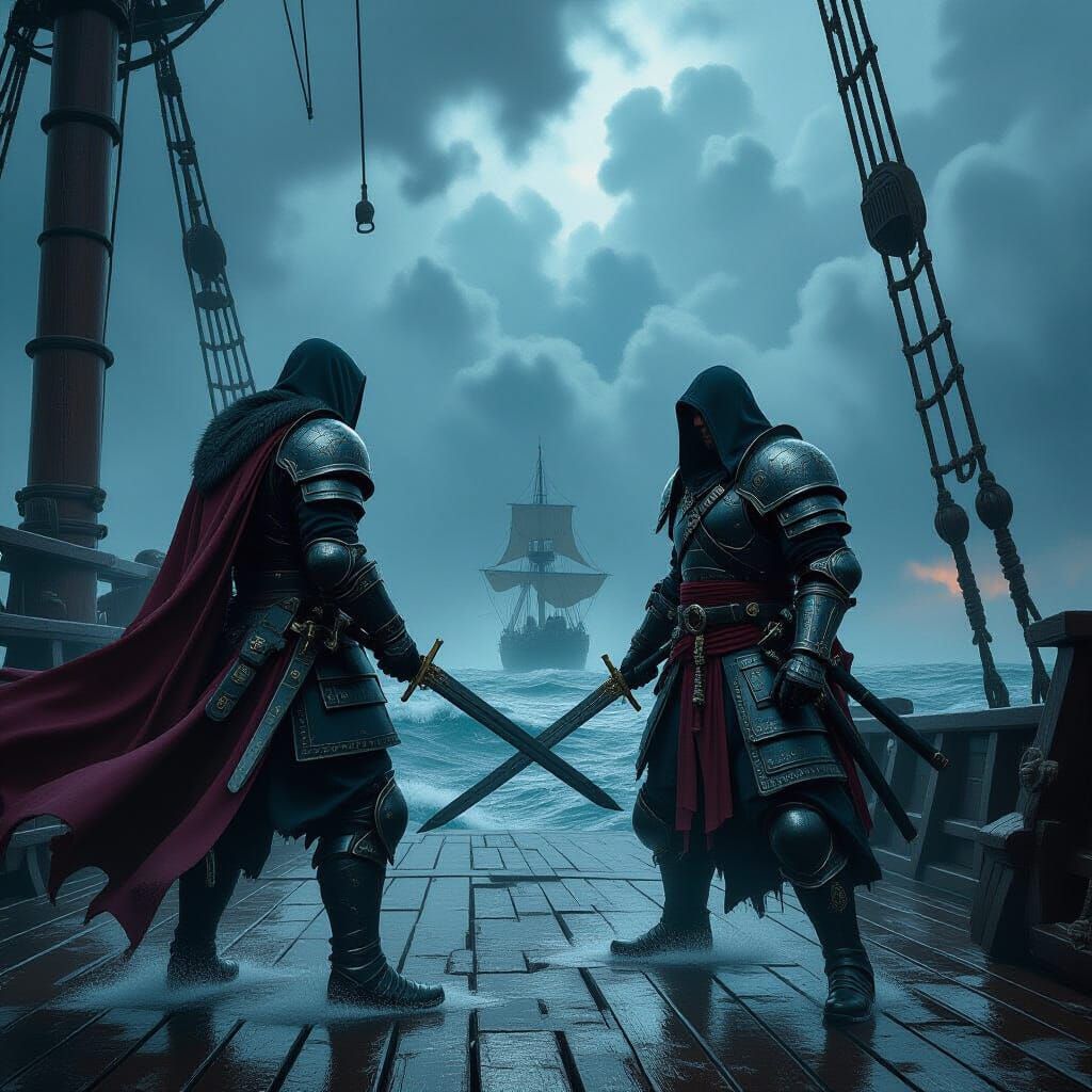Armored Warriors Duel on Pirate Ship in Stormy Sea
